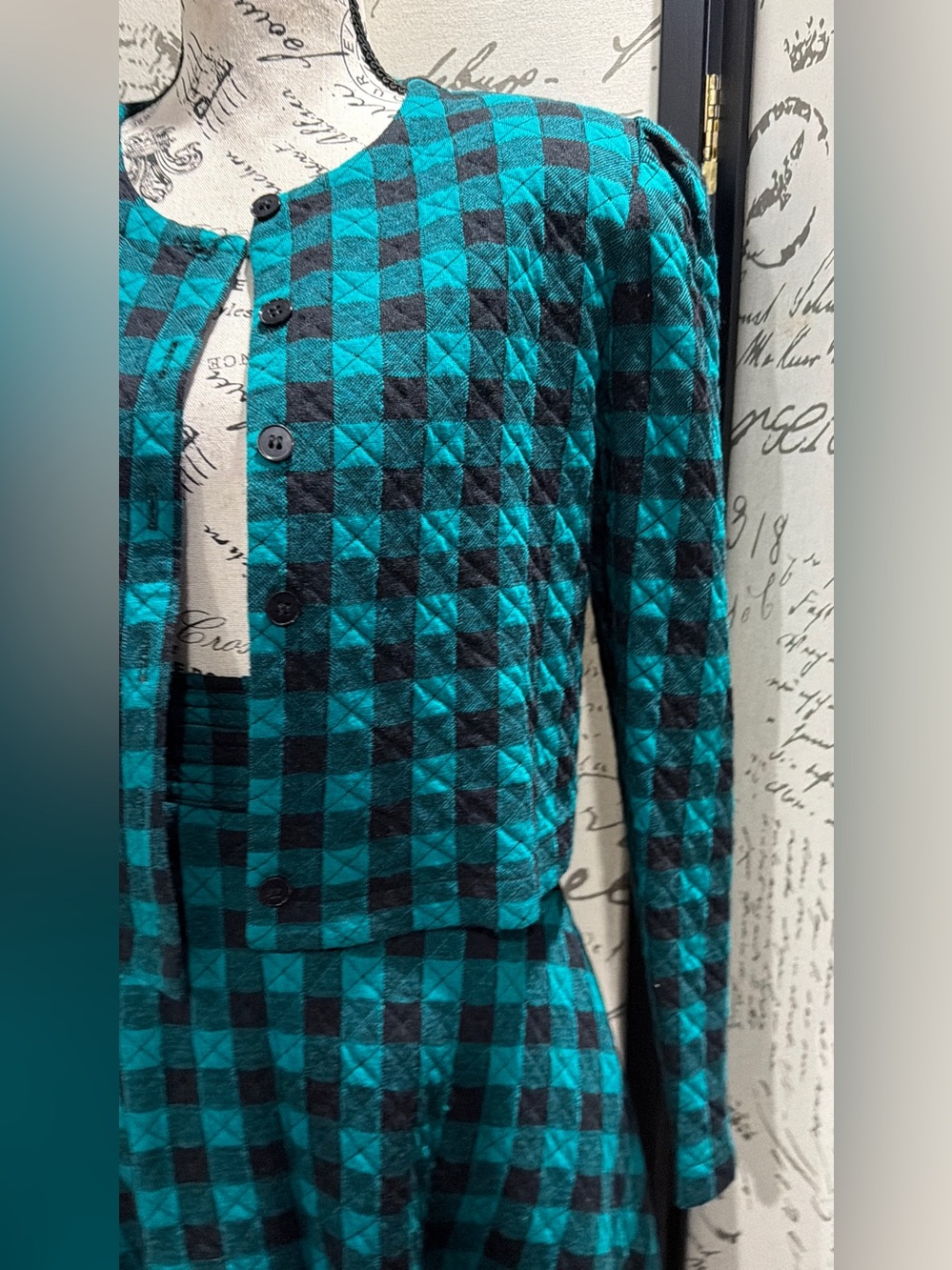 Vintage Teal and Black Check Two-Piece Skirt Set - Picture 4 of 15